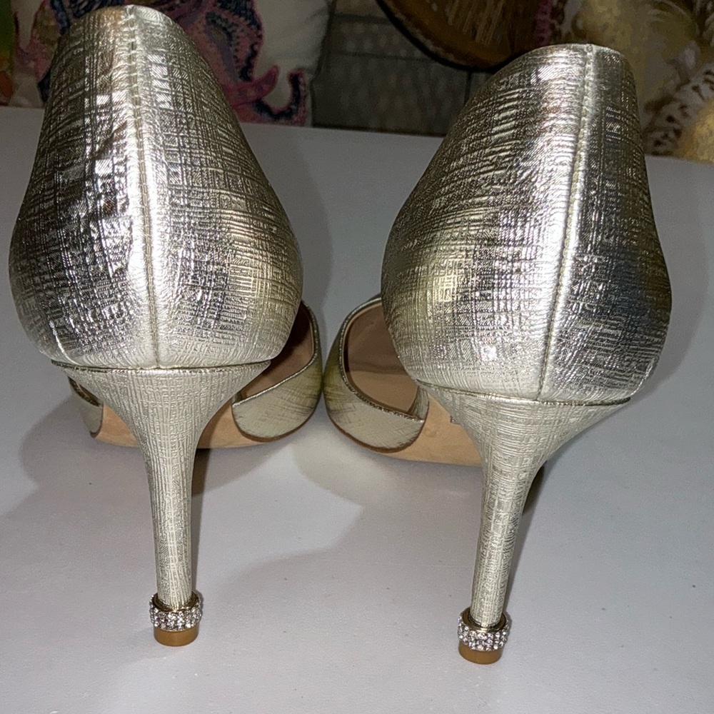 BADGLEY MISCHKA Metallic Gold Heels Rhinestone Trim 10 M - Picture 10 of 16
